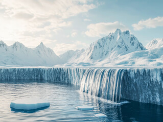 Obraz premium Breathtaking panorama of an Arctic ice shelf with a waterfall flowing into the ocean. Icebergs drift lazily in the tranquil waters, reflecting the beauty of a changing climate
