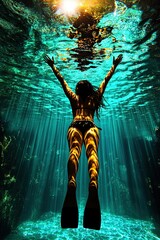 Serene Underwater Scene with Individual Floating in Sunlit Water, Capturing the Essence of Dreams and Inner Child in Artistic Style