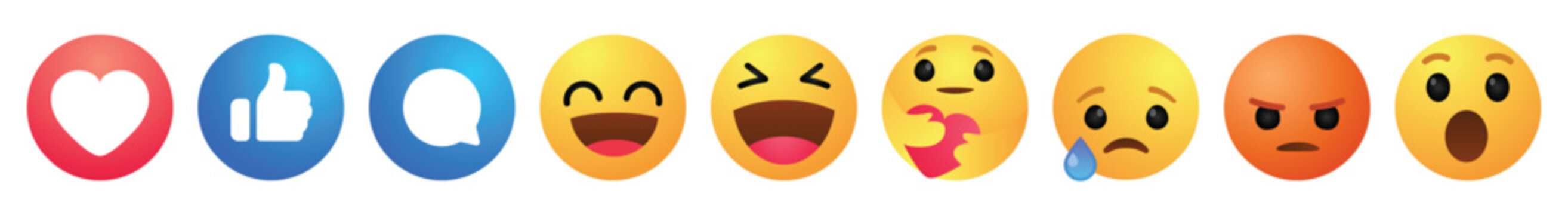 Realistic Facebook emoticons. Like, heart, love, laughter, shock, crying and anger. Vector illustration.