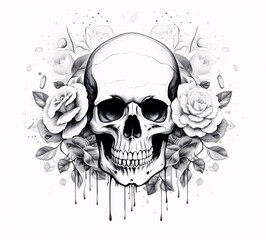 Fototapeta premium Tattoo style black and white, skull with roses, on a white flat background. Traditional tattoo style.