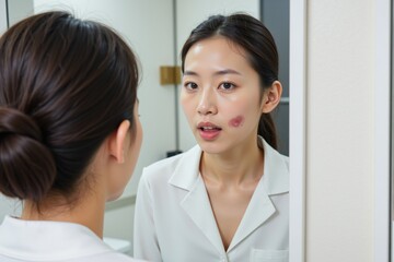 Fototapeta premium Young Asian Woman Examining Her Skin Markings and Facial Blemishes in a Brightly Lit Dermatology Office Mirror