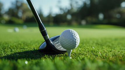 Golf ball on the course during a beautiful day. Promoting a new season, league, invitational, charity event, tournament, scramble, championship, challenge, or anything related to the topic of golf.