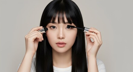 Obraz premium Woman applying mascara to her eyes for a makeup and beauty campaign concept. Close-up of a woman applying mascara to her eyelashes for a bold and voluminous eye makeup look. Beauty and cosmetics