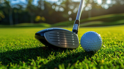 Golf ball on the course during a beautiful day. Promoting a new season, league, invitational, charity event, tournament, scramble, championship, challenge, or anything related to the topic of golf.