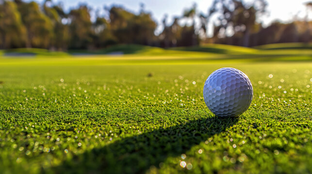 Golf ball on the course during a beautiful day. Promoting a new season, league, invitational, charity event, tournament, scramble, championship, challenge, or anything related to the topic of golf.