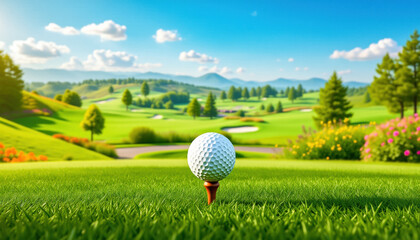 Golf ball on the course during a beautiful day. Promoting a new season, league, invitational, charity event, tournament, scramble, championship, challenge, or anything related to the topic of golf.