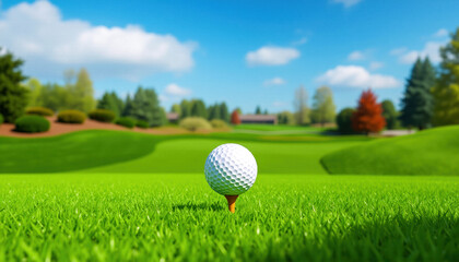 Golf ball on the course during a beautiful day. Promoting a new season, league, invitational, charity event, tournament, scramble, championship, challenge, or anything related to the topic of golf.