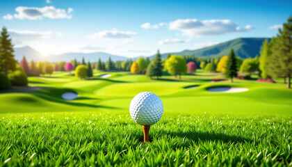 Golf ball on the course during a beautiful day. Promoting a new season, league, invitational, charity event, tournament, scramble, championship, challenge, or anything related to the topic of golf.