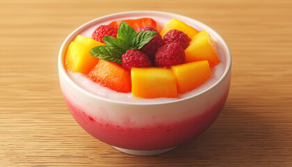 Delicious fruit dessert with vibrant colors, featuring raspberries, melon, and mint leaves, perfect for refreshing treat