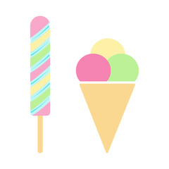 Rainbow Swirl Lollipop and Waffle Triple Scoop Ice Cream Cone. World Ice Cream Day element concept