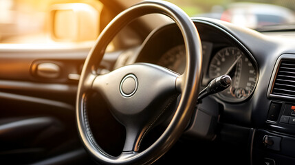 the car interior with the steering wheel and dashboard in bright sunlight. This image captures the essence of automotive design and technology. The wheel has a sleek design.