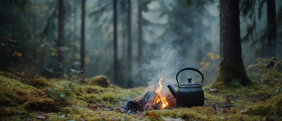 In a forest clearing, a steaming kettle sits on a crackling fire, surrounded by serene greenery and dappled light.