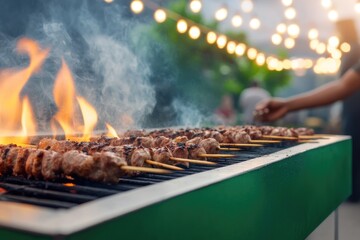 Grilling skewers over open flames creates vibrant, festive atmos
