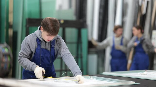Guy employee works on cutting table, measuring source material with tape measure. She finds out length of workpiece and carries out intermediate control of dimensions of product.