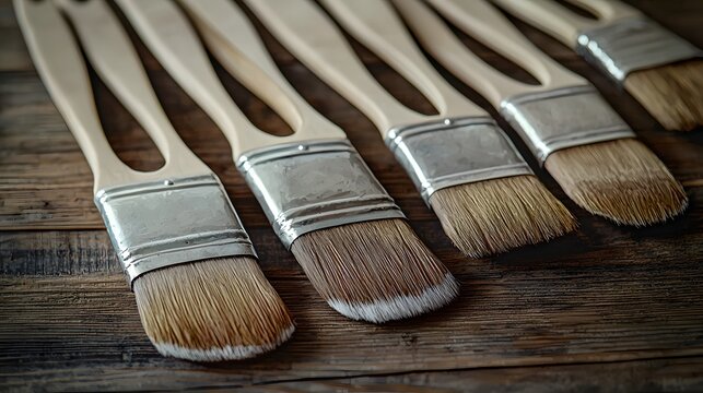 Set of various paint brushes arranged neatly on a table showcasing essential tools for artistic creation and crafting