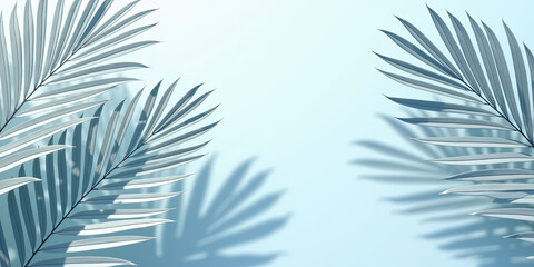soft blue background with tropical palm leaves casting shadows, creating a serene and calming atmosphere