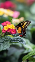 Fototapeta premium A vibrant butterfly rests on colorful flowers in a serene garden. Nature showcases its beauty through intricate details and bright hues. Inspirational and calming imagery. Generative AI