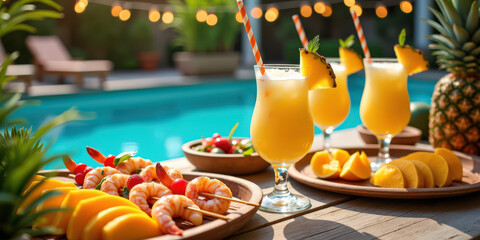 Fototapeta premium A vibrant poolside scene featuring tropical cocktails, fresh seafood, and fruits arranged decoratively, exuding a relaxing holiday vibe under warm sunshine