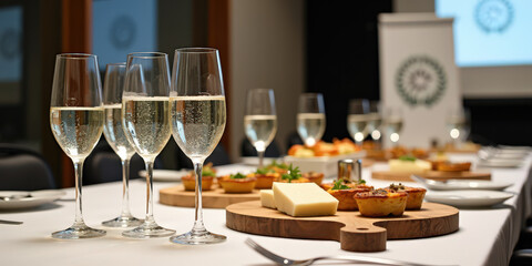 An elegant dining setup features several glasses of sparkling wine alongside gourmet dishes and a cheese platter, set against a refined backdrop, perfect for celebrations or events.