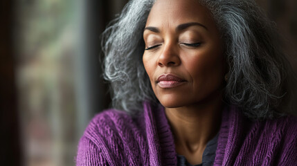 Mature Woman in Profile with Eyes Closed, Reflective Mood - Suitable for Articles on Mindfulness or Life Experience