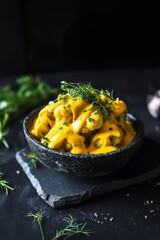 Roasted cauliflower with cheese sauce and herbs in a black bowl on dark slate
