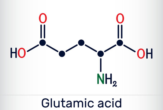 Skeletal formula of glutamic acid.  Glu, E , 2-aminopentanedioic acid molecule. Amino acid, important neurotransmitter.