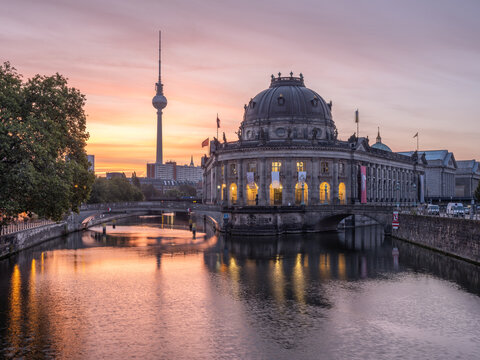 Bode Museum and Fernsehturm Berlin at sunrise, Berlin Mitte, Germany