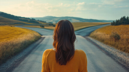 young woman standing at crossroads in rural landscape with clear sky, pondering life choices, back view. decision-making concept. motivational poster, lifestyle blog