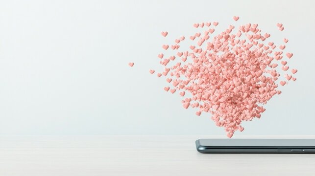 A smartphone sits on a simple surface as pink hearts float above it, symbolizing love and emotional connection in today's digital world