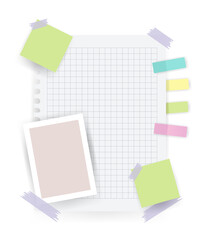 Paper notes stickers. Place for memo messages on paper sheets. Attached with sticky colorful tape on grey background isolated illustration