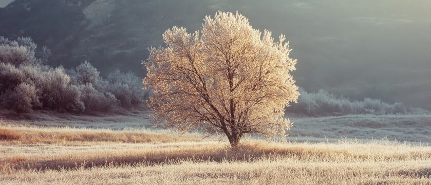 A lone tree with frost-kissed branches stands majestically on a frosty field, embraced by misty hills under a pale morning sun.
