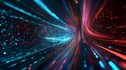 Abstract Data Stream Network Connection with Glowing Blue and Red Lines, Future Technology Background