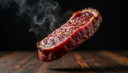 A piece of meat is being cooked and is in the air. The smoke from the cooking meat is rising up