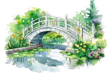 Fototapeta premium Serene watercolor garden bridge