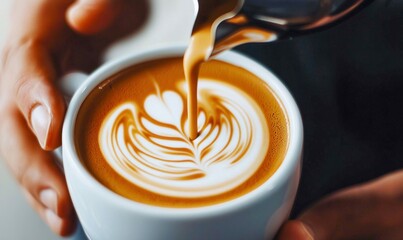 Foamy milk being skillfully poured into a cup of coffee to create latte art.