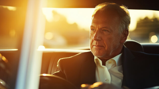 mature caucasian man driving car during golden hour with sunlight streaming through window. concept of wealth, journey, luxury lifestyle. business and personal travel - Powered by Adobe
