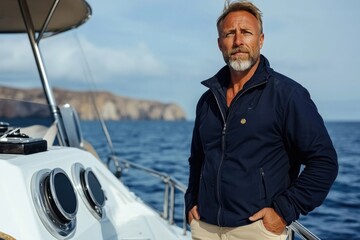 Confident man stands on yacht, ocean waves gently lapping agains