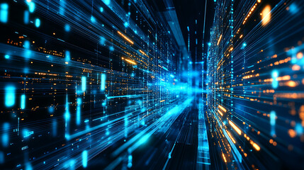 Fototapeta premium Abstract Digital Data Stream Background with Glowing Blue and Orange Lines, Futuristic Technology and Information Transfer Concept