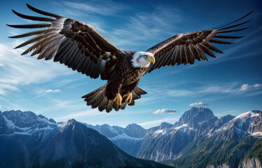 Majestic Bald Eagle Soaring with Fully Spread Wings Over Snow-Capped Mountain Range Under Clear Blue Sky, Wildlife Photography Capturing American Symbol in Natural Habitat