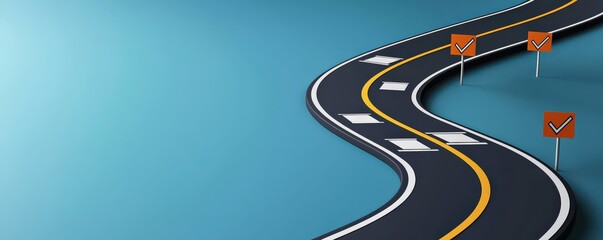 Successful project management timeline concept. Curved road with traffic signs on a blue background.
