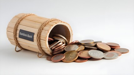 A photo of a bamboo bank with a white background. Next to the bank, there is a pile of coins. The bamboo bank has a coin slot at the top. The coins in the pile have varying sizes and colours.