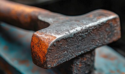 A vintage, rusty hammer rests, showcasing its weathered texture and aged character in detail.