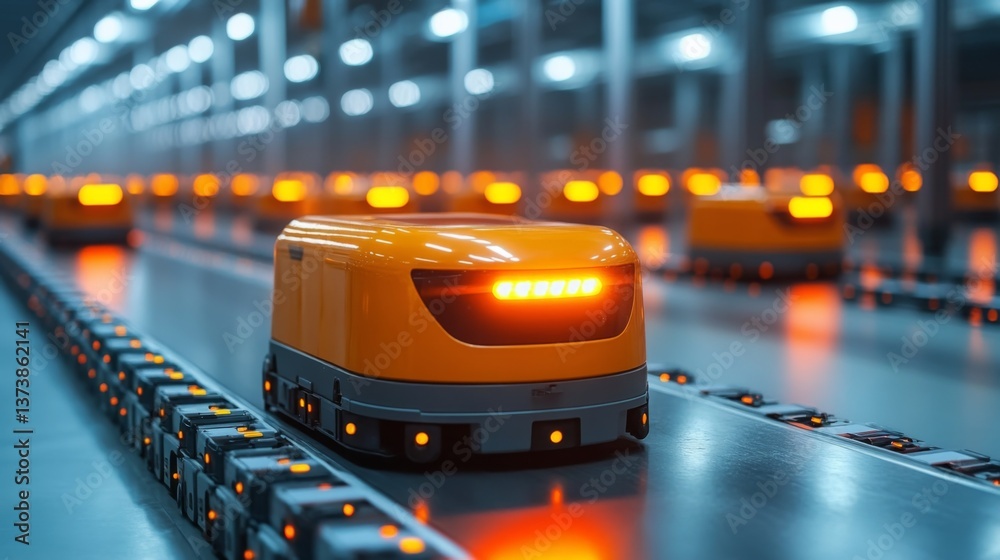 Poster Innovative robotic vehicles navigate a state of the art warehouse, facilitating the sorting and distribution of inventory while enhancing operational efficiency.