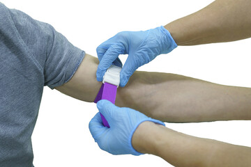 medical tests, blood analysis, preparation for the analysis of a hand with a tourniquet and a...