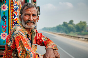 Obraz premium an Elderly Indian man with a warm smile, leaning against a vibrantly decorated truck. Cultural portrait, travel, road trip, folk art, traditional clothing, authentic.