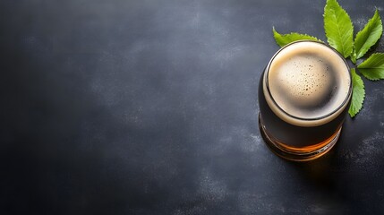 A glass of strong belgian ale decoratively placed on a surface with a leaf for a powerpoint background without text
