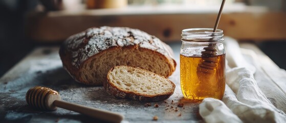 A rustic setting featuring a freshly sliced loaf of bread beside a jar of golden honey, with morning light casting gentle shadows.