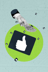 Creative collage metaphor of big like button taking hand showing wealthy dollars banknote