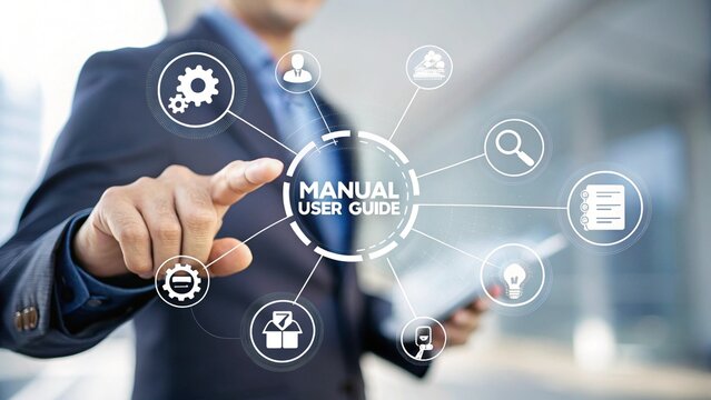 A businessman interacts with a virtual touchscreen, selecting the option labeled 'MANUAL USER GUIDE.'. MANUAL USER GUIDE. Manual User Guide Interface for Business Process Instruction and Documentation