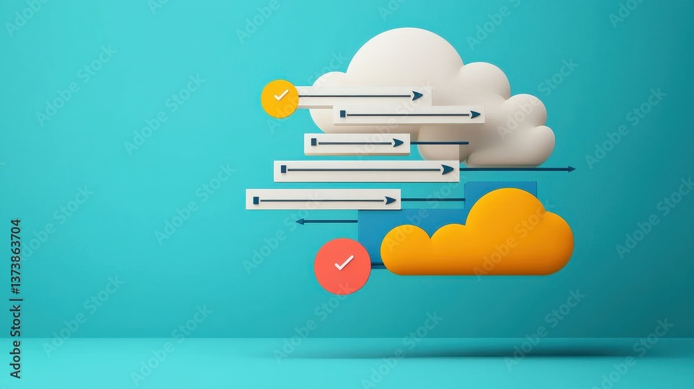 Wall mural successful project management timeline concept. digital illustration of clouds with arrows and check